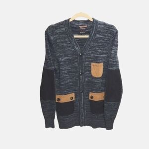 NWOT Goodale blue cotton blend cardigan  with patched  pockets and elbow sz L